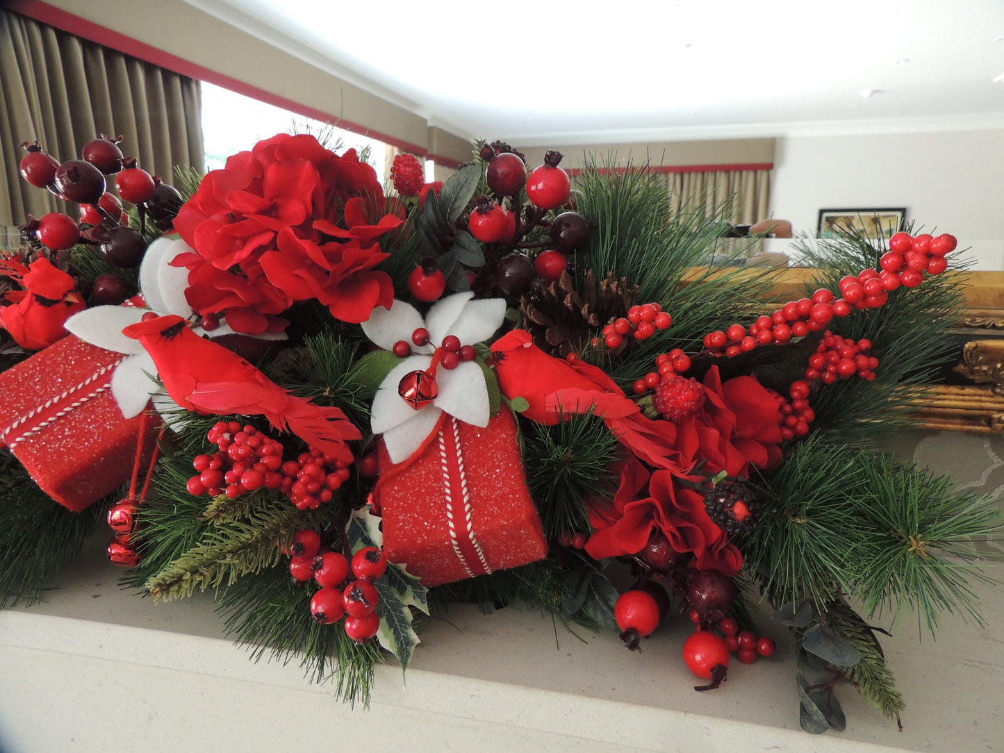 Traditional Red & Green Christmas Mantel Swag | Pine Fireplace & Over Door Decor | 80cm (31.5")