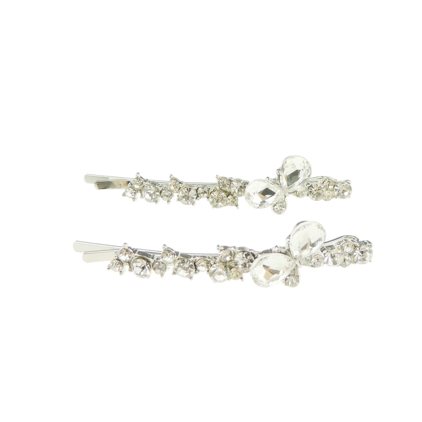 Ladies Evening Sparkly Crystal Diamante Clear Silver Tone Stone Pair of 2 Hair Grips Butterfly