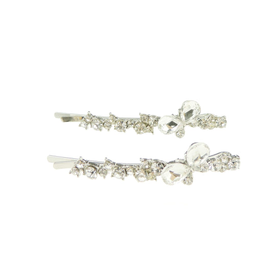 Ladies Evening Sparkly Crystal Diamante Clear Silver Tone Stone Pair of 2 Hair Grips Butterfly