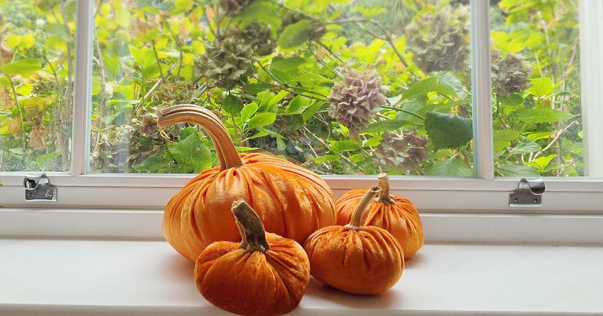 Set of 4 Velvet Pumpkins, Orange Autumn Fall Pumpkin Decorations, Table Mantel Decor, Natural Stems