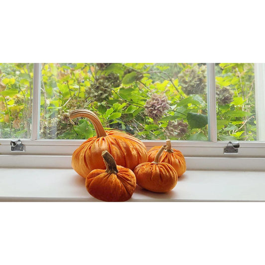 Set of 4 Velvet Pumpkins, Orange Autumn Fall Pumpkin Decorations, Table Mantel Decor, Natural Stems