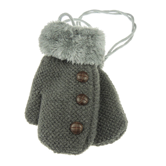 Cute Baby Boys Toddler Babies Childrens Kids Accessories Warm Winter Knit Knitted Stay On Mitts Outdoor Autumn Shower Fluffy Fleece Lined Snow Mittens Gloves 6 9 12 15 Months Tweedy Button (Dark Grey)