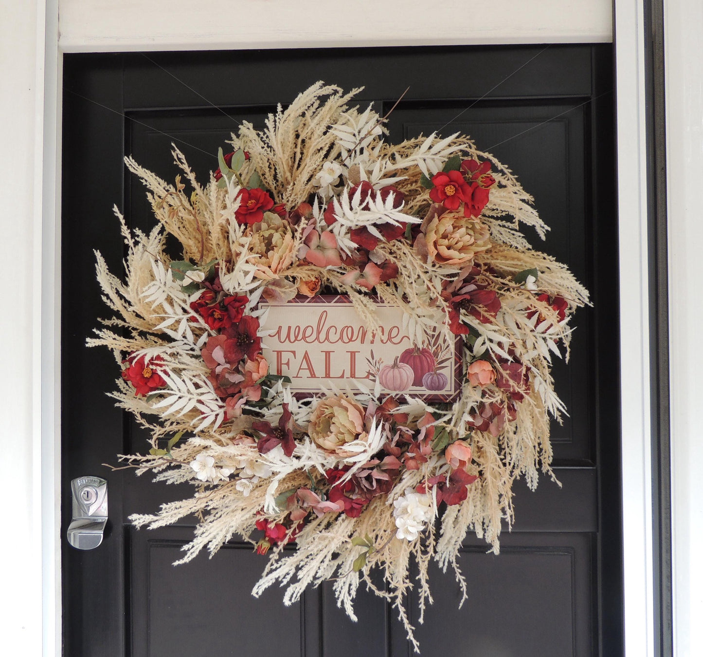 24" LARGE Welcome Fall Wreath, 60cm Autumn Front Door Wreath, Burgundy Cream Floral Harvest Wreath, Rustic Farmhouse Fall Door Decor