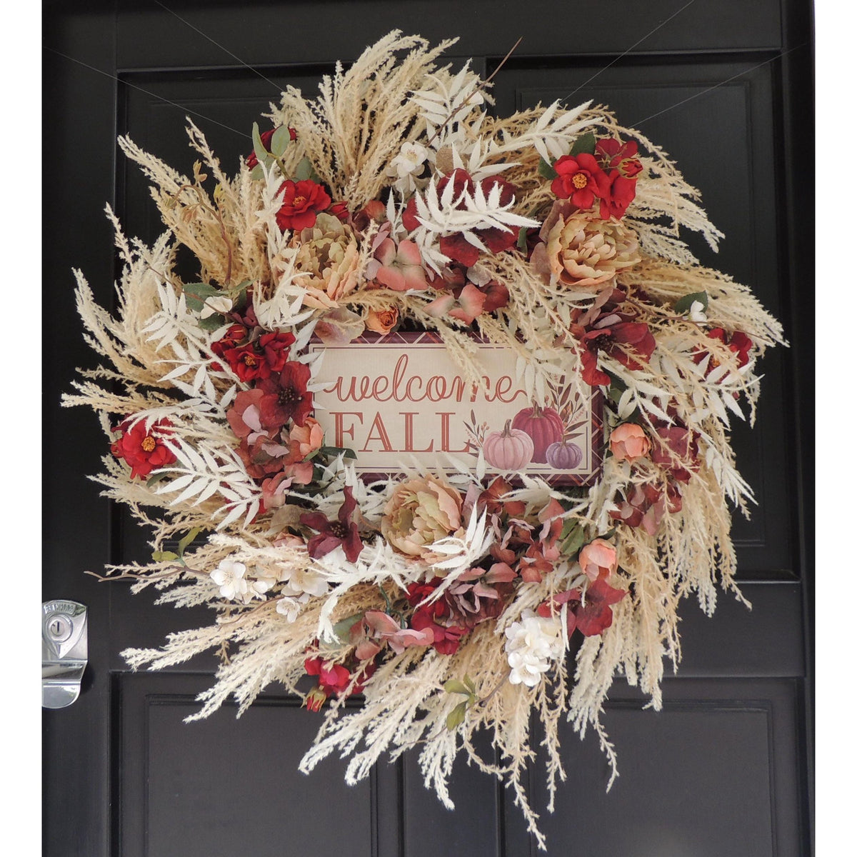 24" LARGE Welcome Fall Wreath, 60cm Autumn Front Door Wreath, Burgundy Cream Floral Harvest Wreath, Rustic Farmhouse Fall Door Decor