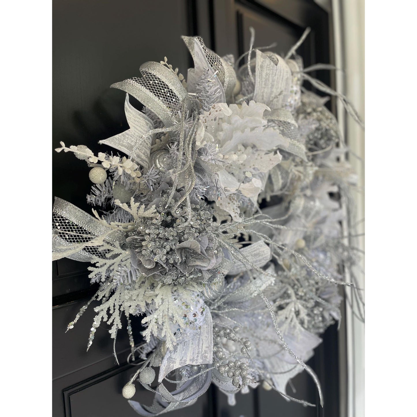 White Silver Luxury Christmas Wreath Front Door Luxury Home Decorations Xmas Winter Mantle Decor Holiday Wreath Advent Swag Silver Theme