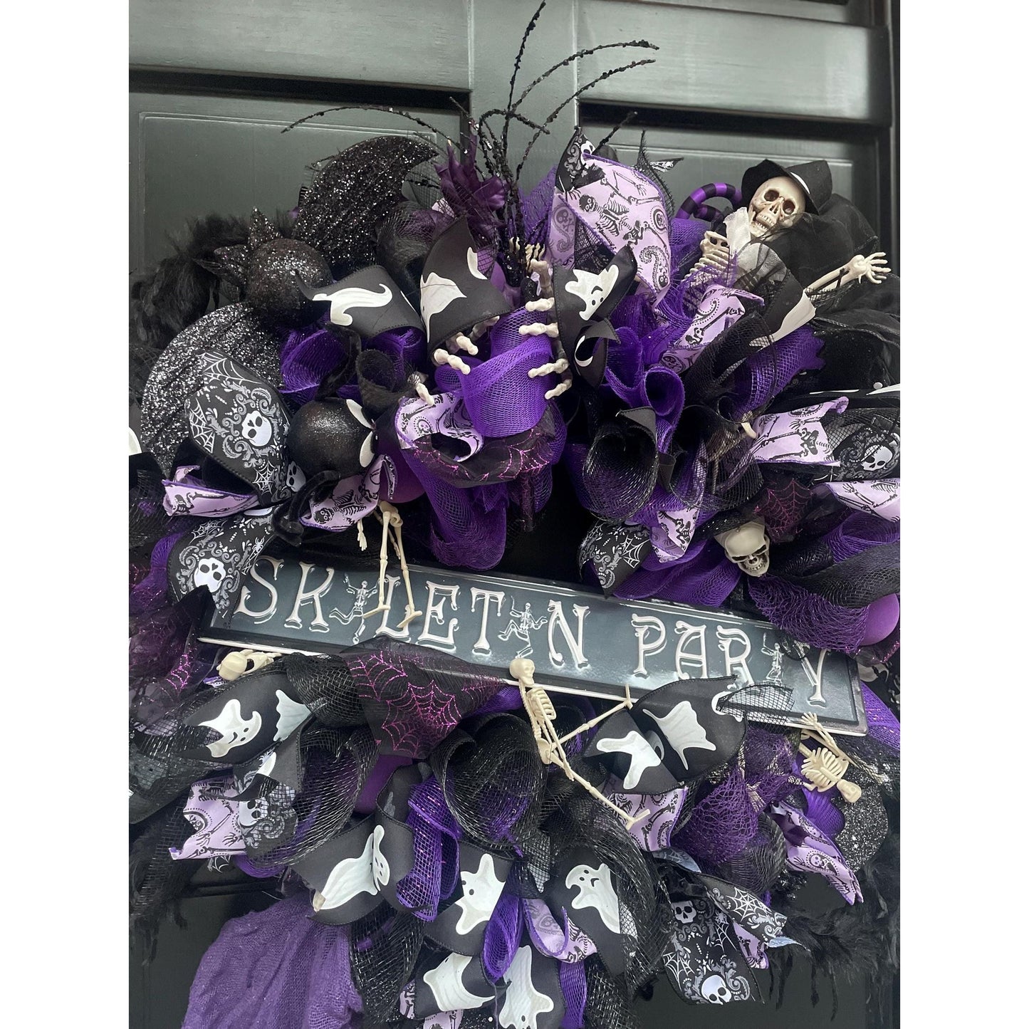 Large Halloween Front Door Wreath Spooky Hanger Black Purple Skeleton Party Wall Porch Hanger Handmade House Home Decor Decorations Welcome