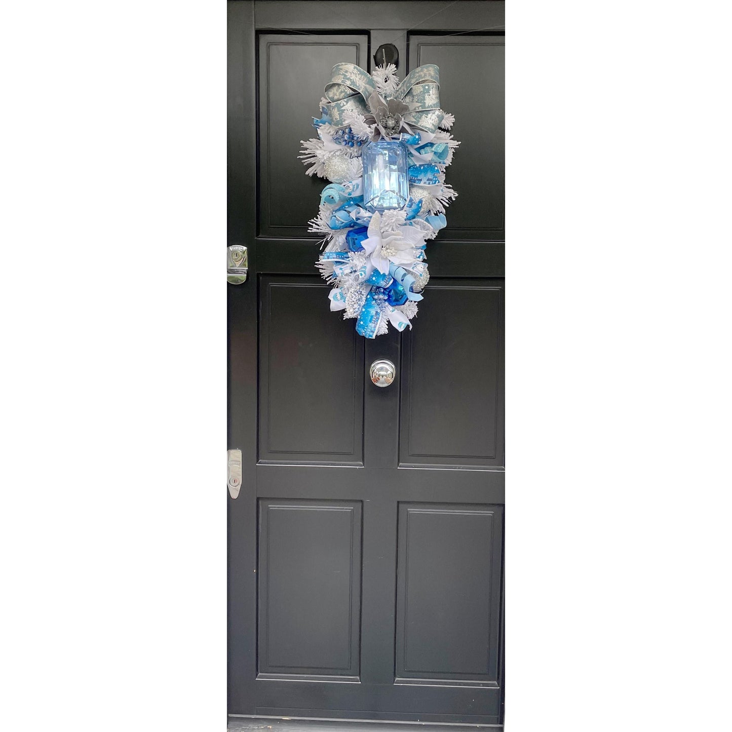 XL Ice Blue Snow Flocked  Luxury Teardrop Christmas Front Door Wreath White Home Decoration Xmas Winter Mantle Decor Holiday Advent Swag