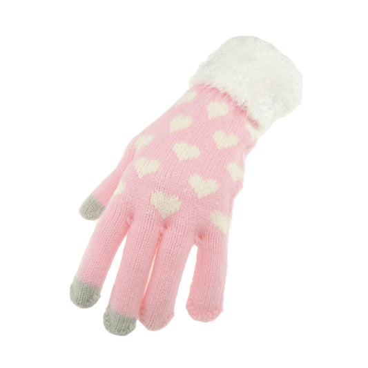Soft Ladies Womens Girls Thick Knitted Crochet Thermal Fleece Lined Cold Weather Winter Ski Outdoor Hand Warmers Touch Screen Gift Mittens Gloves Mitts Christmas Birthday Hearts (Candy Pink)