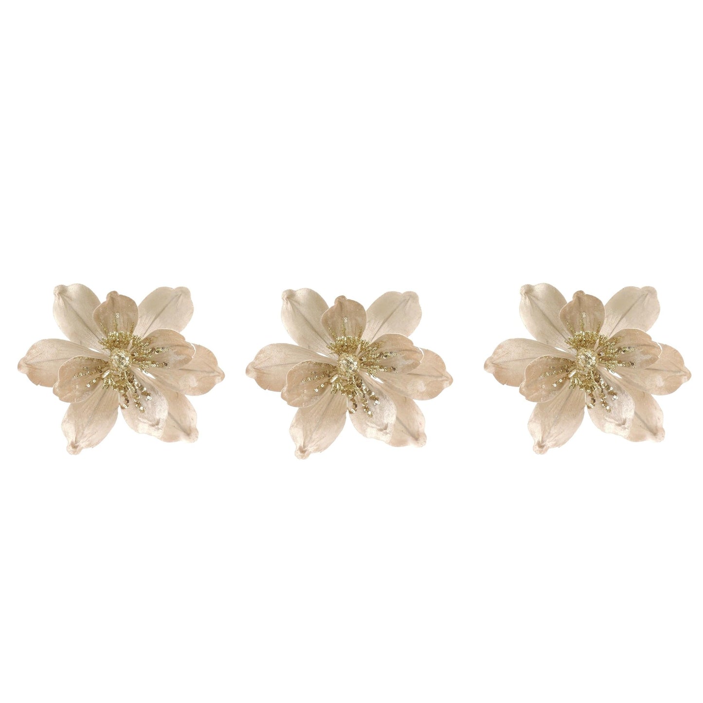 Glamour Girlz Set of 3 Nude Gold Velvet Sequin Flower Christmas Tree Floral Pick Stem Ornament Xmas Decor Garland Wreath Decoration Accent Holiday Arrangement