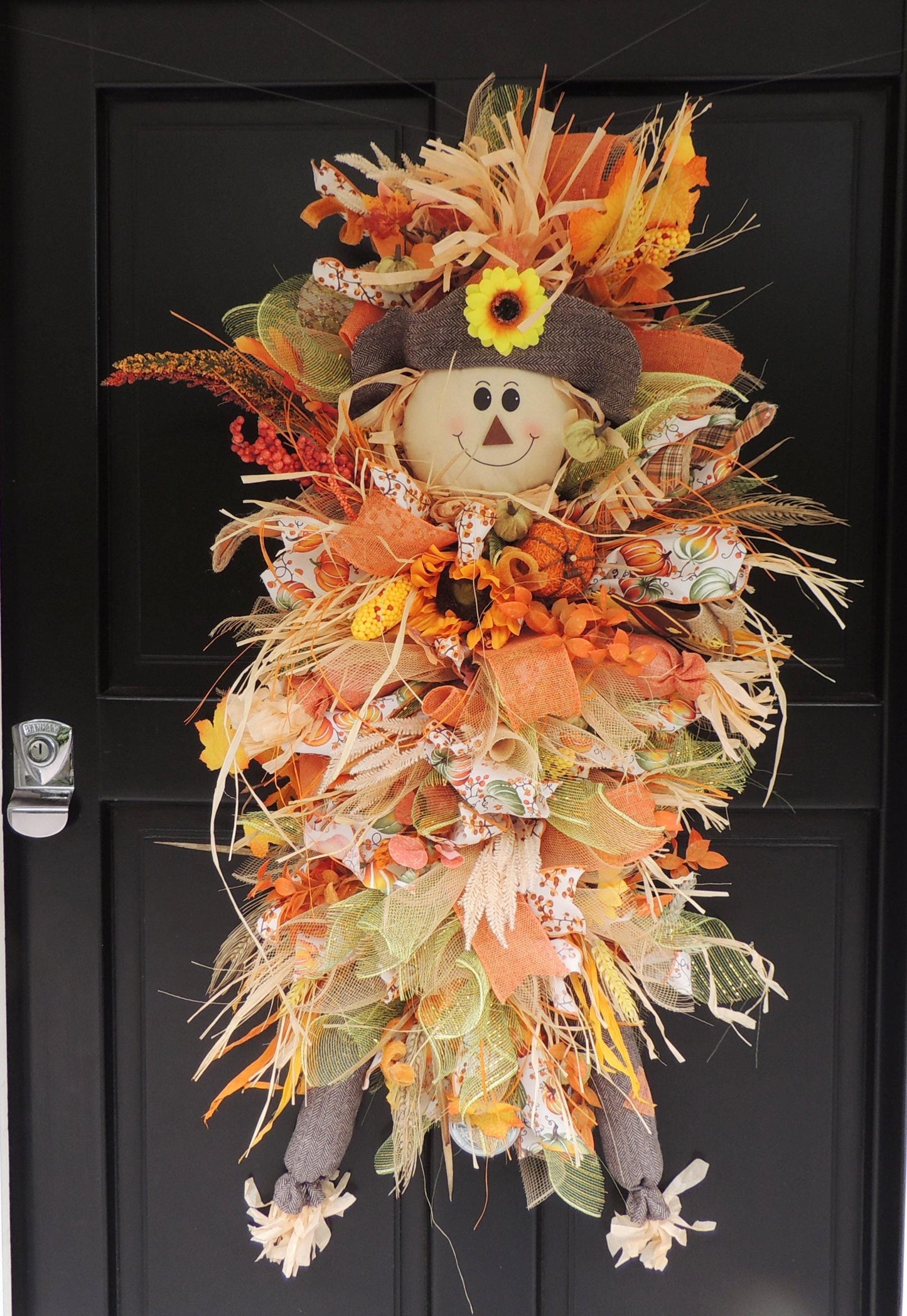 XXL Scarecrow Orange Halloween Front Door Wreath Swag Teardrop Hanger Wall Porch Hanger Handmade House Home Decor Decorations Glam