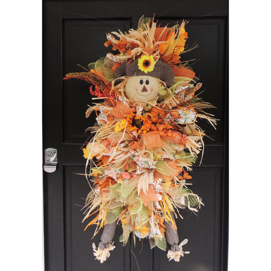 XXL Scarecrow Orange Halloween Front Door Wreath Swag Teardrop Hanger Wall Porch Hanger Handmade House Home Decor Decorations Glam