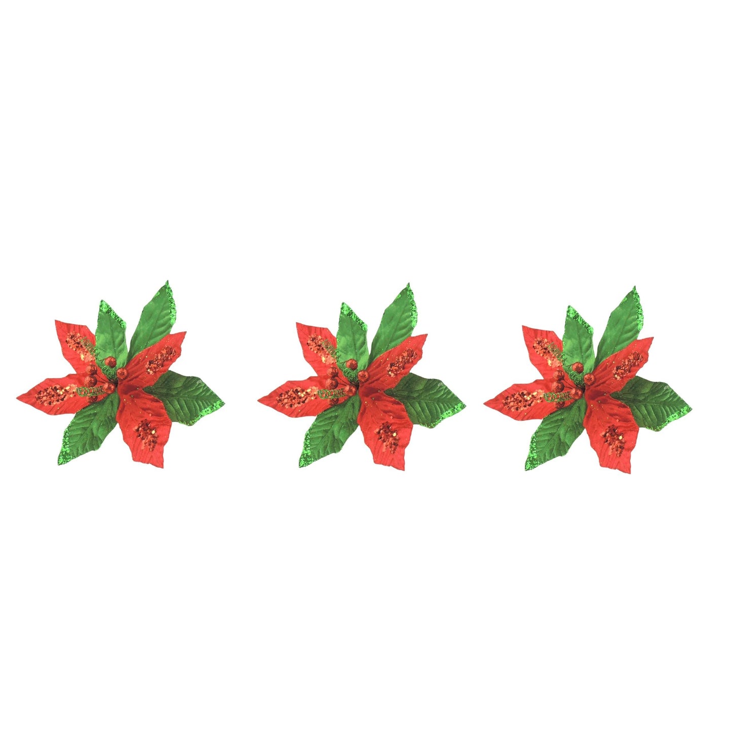 Set of 3 Red Green Velvet Sequin Clip Flower Christmas Tree Floral Pick Stem Ornament Xmas Decor Garland Wreath Decoration Accent Holiday Arrangement