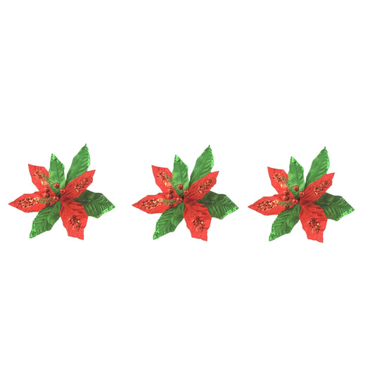 Set of 3 Red Green Velvet Sequin Clip Flower Christmas Tree Floral Pick Stem Ornament Xmas Decor Garland Wreath Decoration Accent Holiday Arrangement
