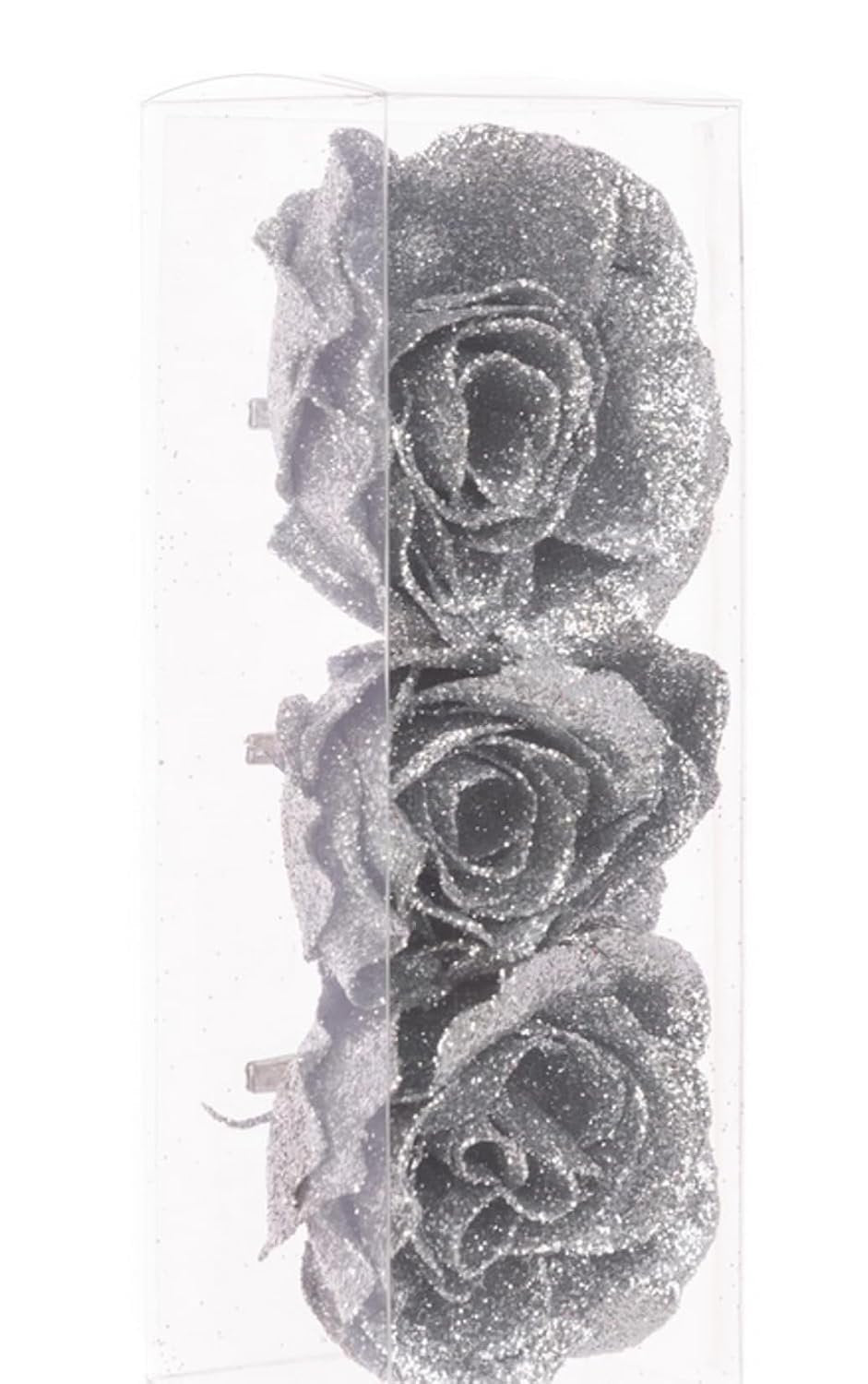 Set of 3 Sparkly Glitter Silver Rose Flower Clip Christmas Tree Floral Pick Ornament Xmas Decor Garland Wreath Decoration