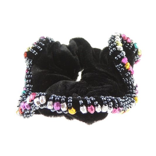 Ladies Girls Large Black Beaded Trim Velvet Evening Hair Elastic Tie Colour