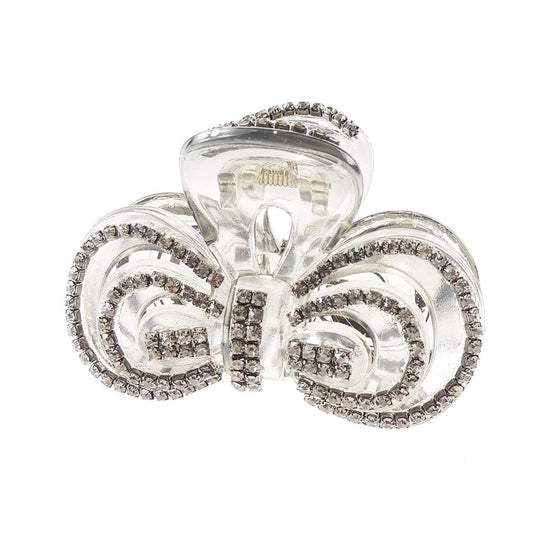 Extra Sparkly Women Girls Crystal Diamante Rhinestone Gems Bridal Wedding Evening Party Styling Fine Thin Hair Accessories Butterfly Claw Jaw Clip Octopus Clamp 8cm SIlver Tone Bow (Clear)