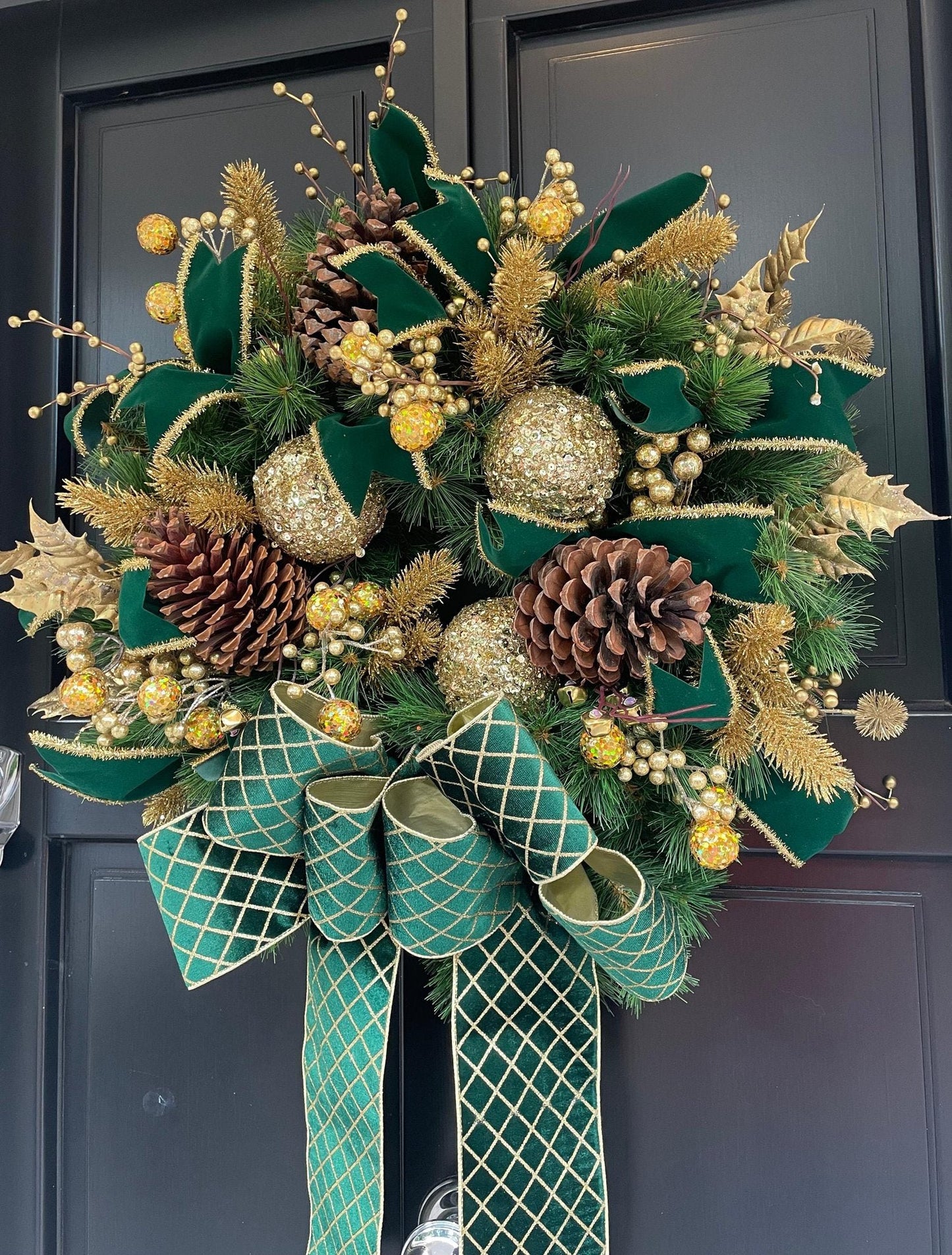 Luxury Emerald Green & Gold Christmas Wreath | Designer Velvet Bow Front Door Wreath | 60cm (24")