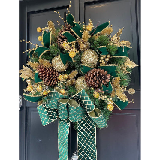 Luxury Emerald Green & Gold Christmas Wreath | Designer Velvet Bow Front Door Wreath | 60cm (24")