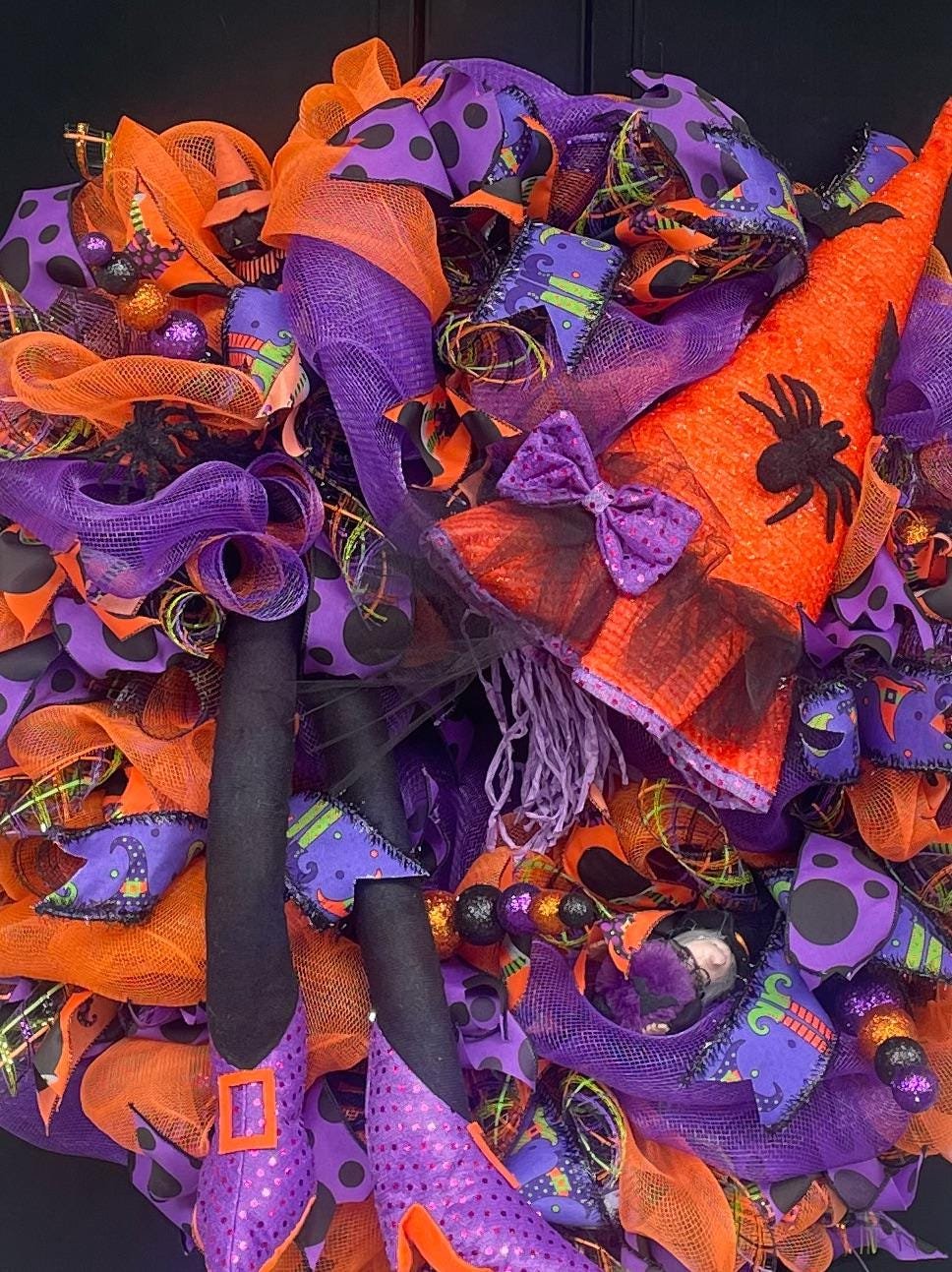 Large Witch Halloween Wreath | Purple & Orange Front Door Decor | 70cm (27.5")