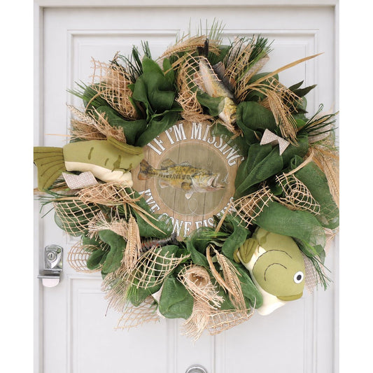 27" Oversized XL Green Fishing Wreath,Cabin Front Door Swag,Rustic Country Home Decor,Lake Beach House Decoration,Natural House Warming gift