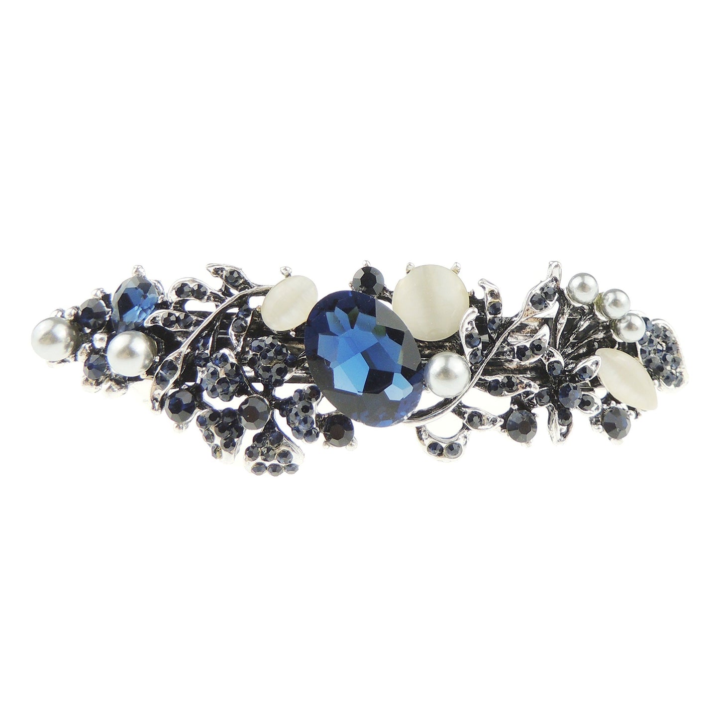 Ladies Vintage Look Silver Tone Metal Blue Crystal Hair Barrette Oval