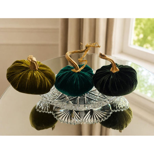 SET 3 X-SMALL Harvest Tonal Green Silk Velvet Pumpkins, Cozy Home Decor, Fall Wedding, Thanksgiving, Autumn Modern Decor
