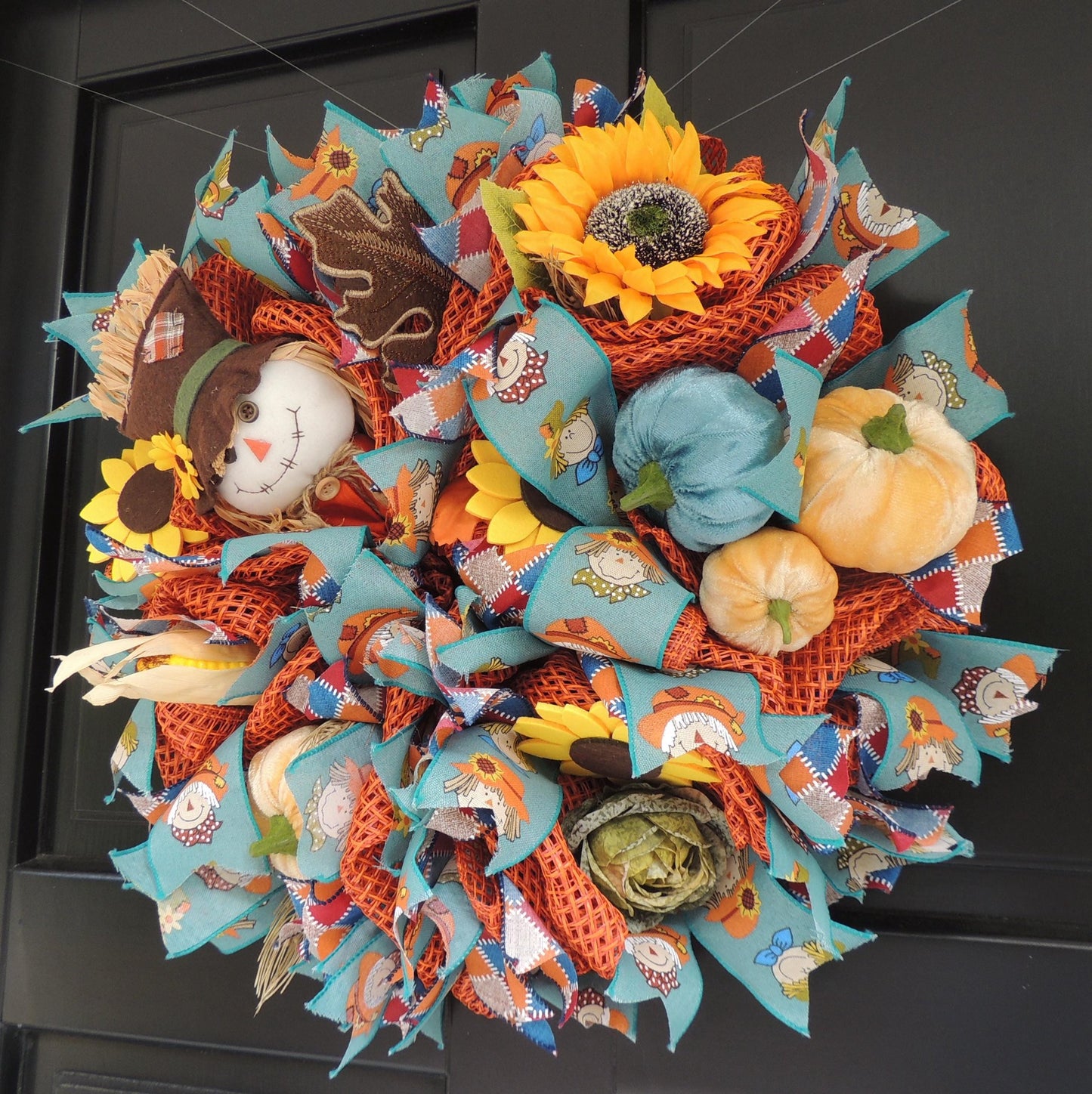 Scarecrow Rustic Fall Wreath Front Door,Pumpkin Handmade Harvest Door Decor,Country Autumn Wreath, Seasonal Decoration Teal Yellow Orange