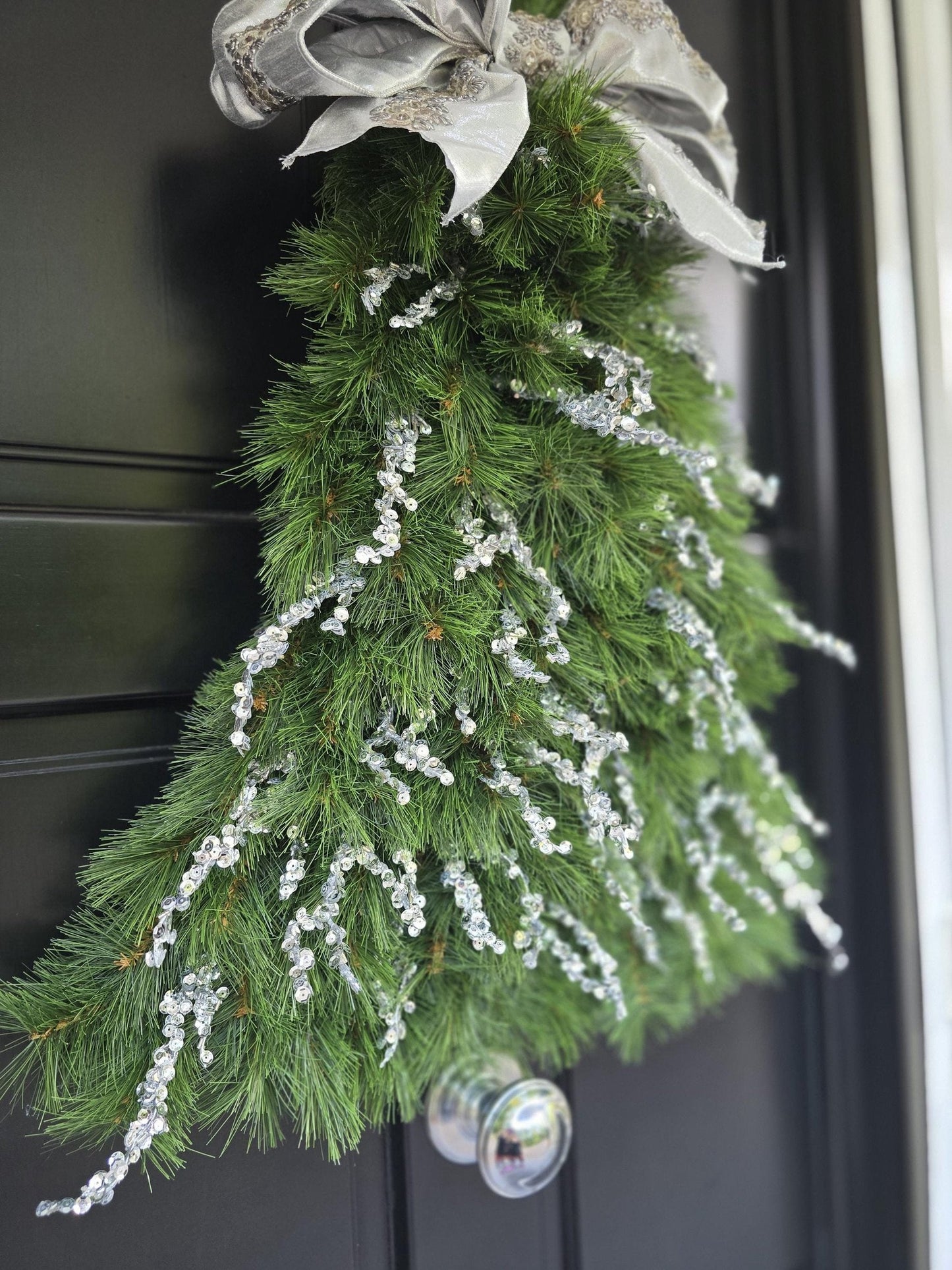 Luxury Christmas Tree Door Swag | Silver Green Christmas Tree Wall Hanging | Designer Front Door Decor | 50cm (20")