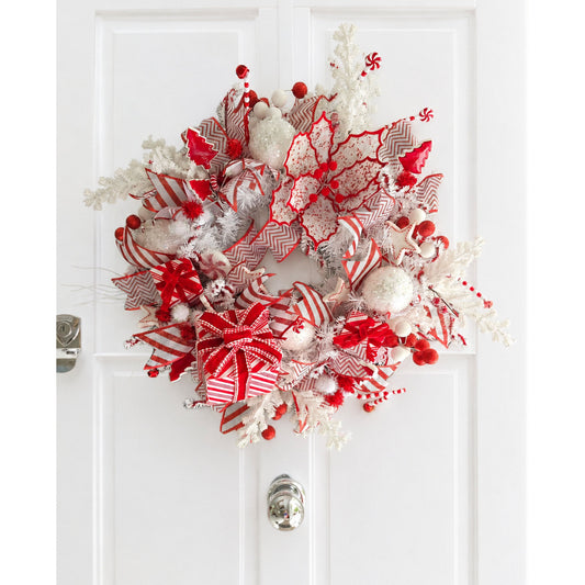 Luxury Red & White Christmas Wreath | Peppermint Candy & Gift Box Front Door Wreath | 50cm (20")