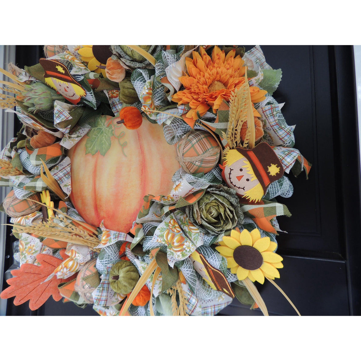 24" Large Autumn Pumpkin Wreath, Fall Harvest Front Door Wreath, Scarecrow Sunflower Thanksgiving Porch Decor, Farmhouse Autumn Decoration