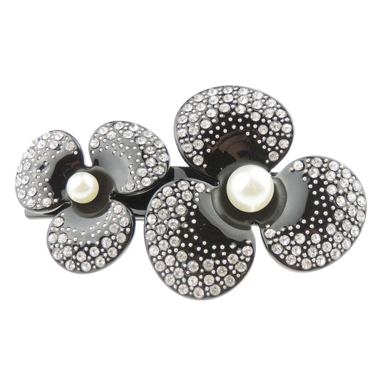 Womens Girls Large Faux Pearl Crystal Rhinestone Diamante Wedding Birthday Party Evening School Ponytail Fine Hair Accessories Barrette Hairpin Grip French Spring Clip Black Flower (Clear Crystals)