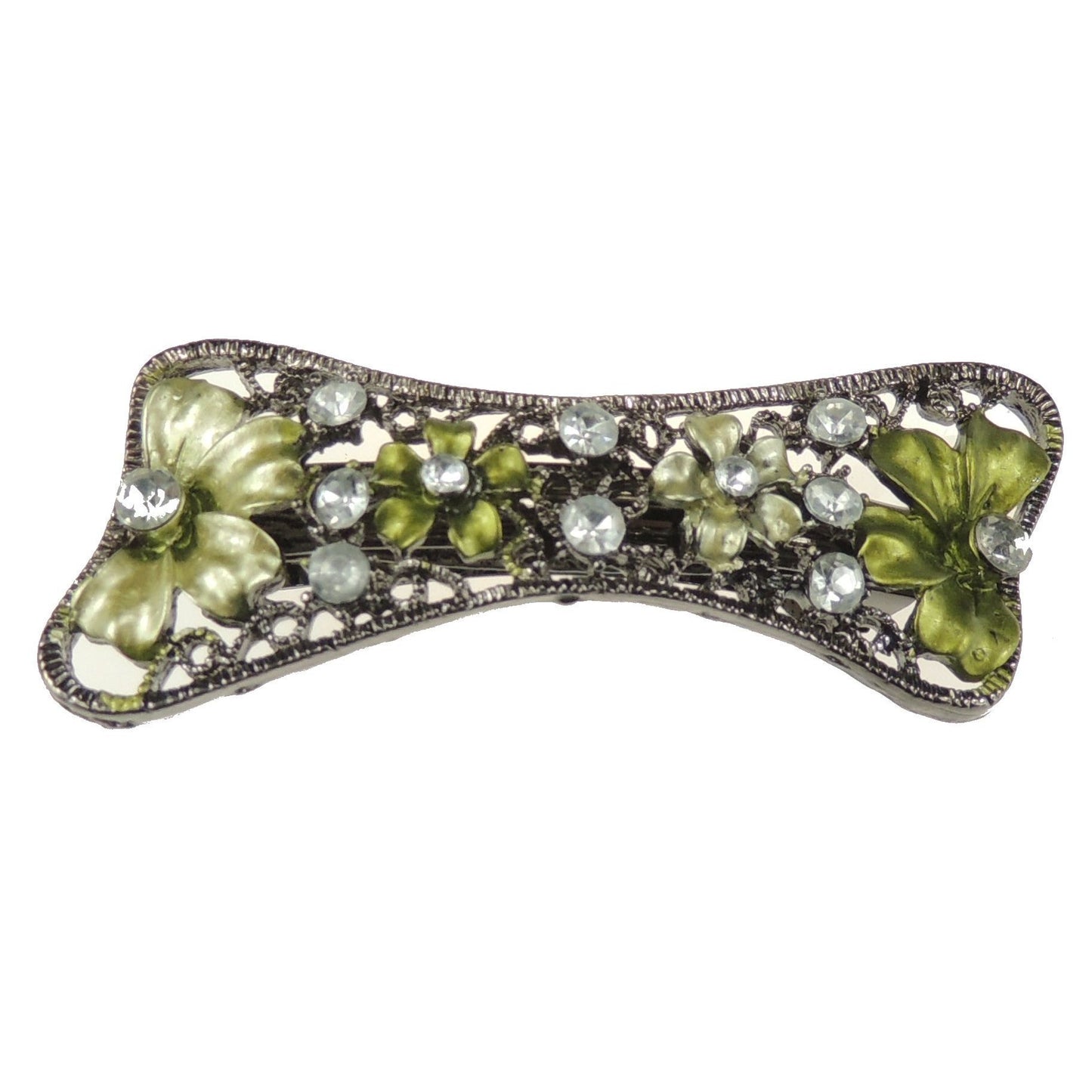 Womens Girls Crystal Rhinestone Diamante Wedding Birthday Party Evening Ponytail Fine Medium Hair Accessories Occasion Barrette Hairpin Grip French Spring Clip Vintage Look Silver Tone Floral Flower Enamel Bow