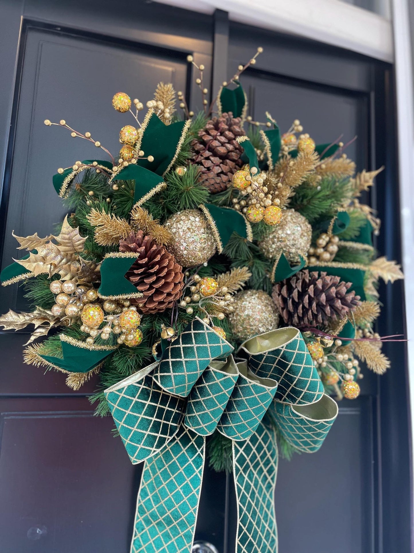 Luxury Emerald Green & Gold Christmas Wreath | Designer Velvet Bow Front Door Wreath | 60cm (24")