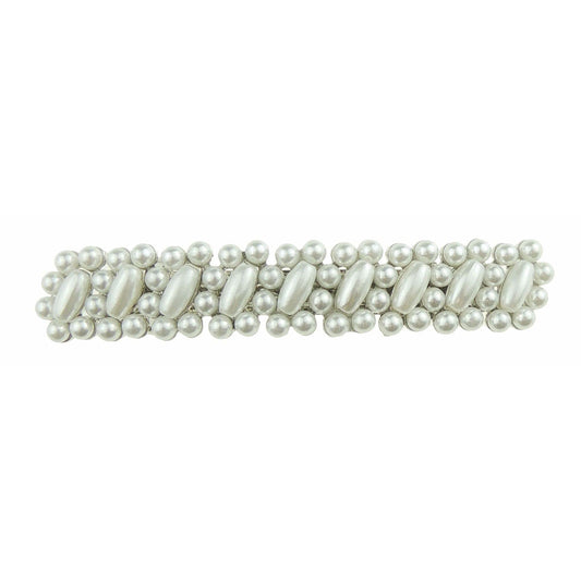 Womens Girls Wedding Bridal Party Evening Ponytail Fine Hair Accessories Occasion Barrette Hairpin Grip French Metal Spring Clip Silver Tone Narrow LOng Ivory Faux Pearl