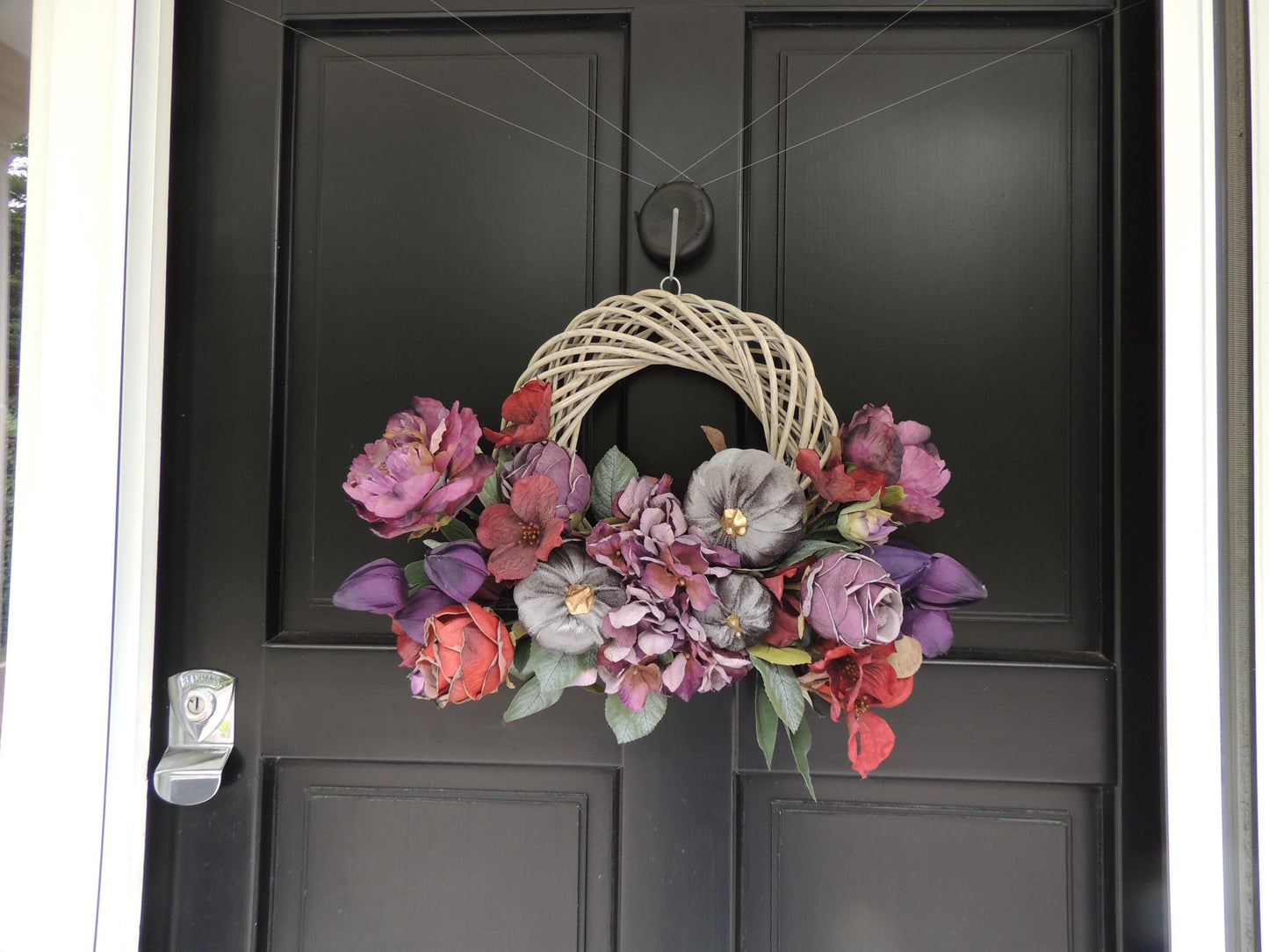 Large Mauve Fall Wreath, Autumn Pumpkin Door Decor, Thanksgiving Peony Floral, Front Porch Harvest Wreath, Farmhouse Entryway Decoration