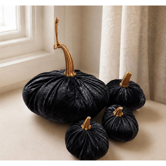 Black Pumpkin Set of 4, Velvet Halloween Table Centrepiece, Spooky Gothic Fall Home Decorations