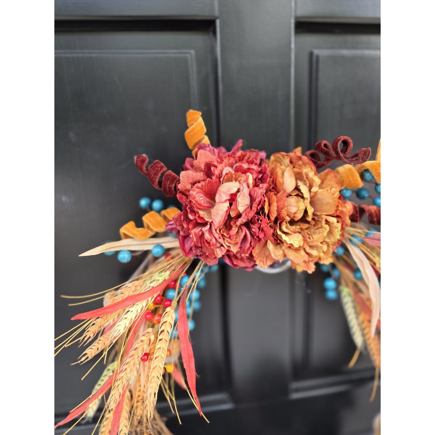 Orange Teal Autumn Fall Orange Harvest Front Door Wreath Luxury Rustic Wall Porch Hanger House Home Decor Decorations Thanksgiving Glam Boho