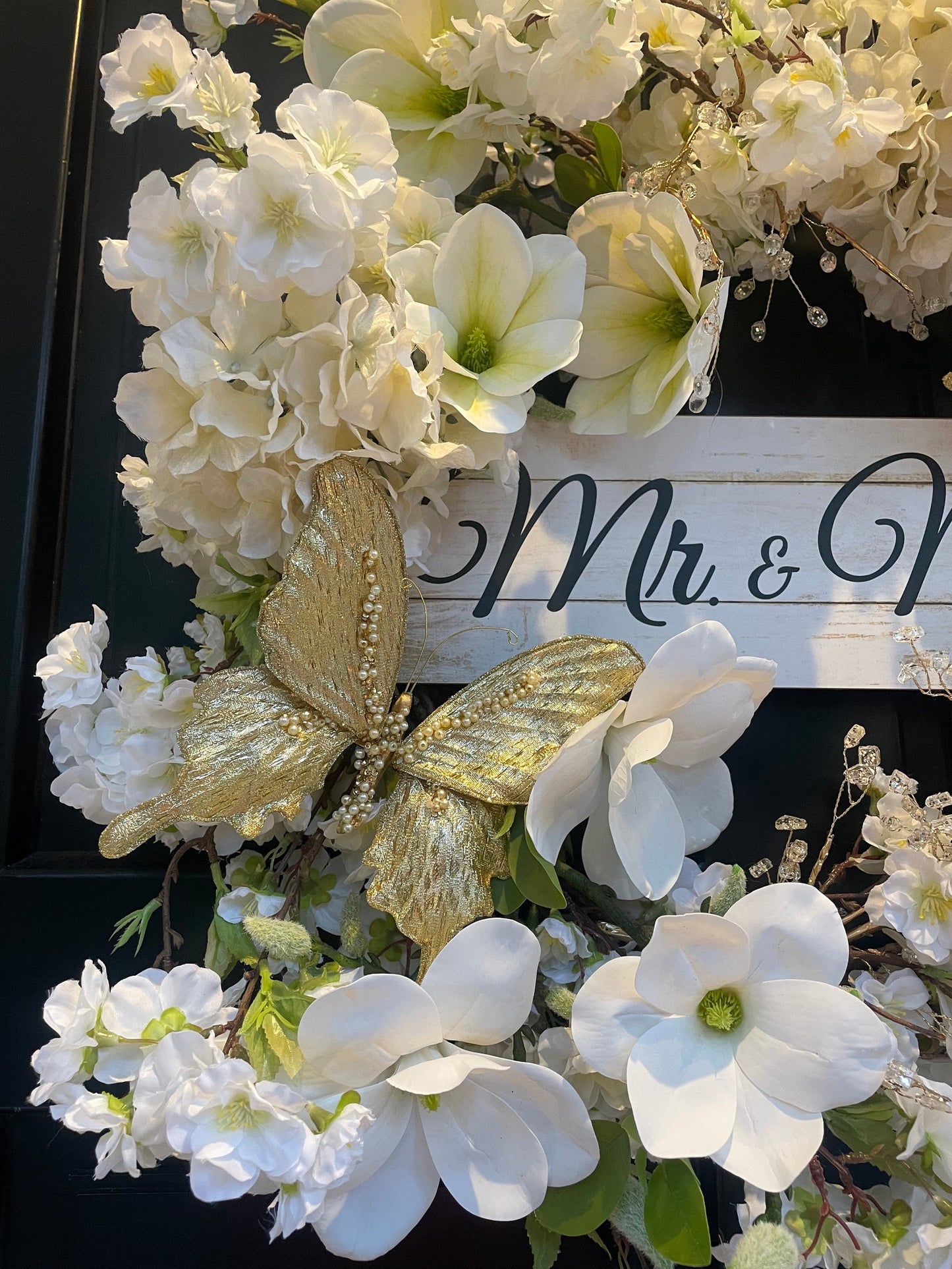 White Ivory Mr & Mrs Wedding Wreath Swag | White Ivory Magnolia Hydrangea Front Door Wreath Gold Butterflies | 50cm Bridal Reception Decor