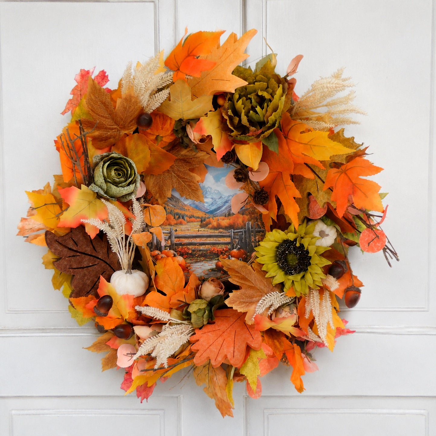 Autumn Harvest Wreath | Sunflowers, Pumpkins, Leaves, Farmhouse Door Decor