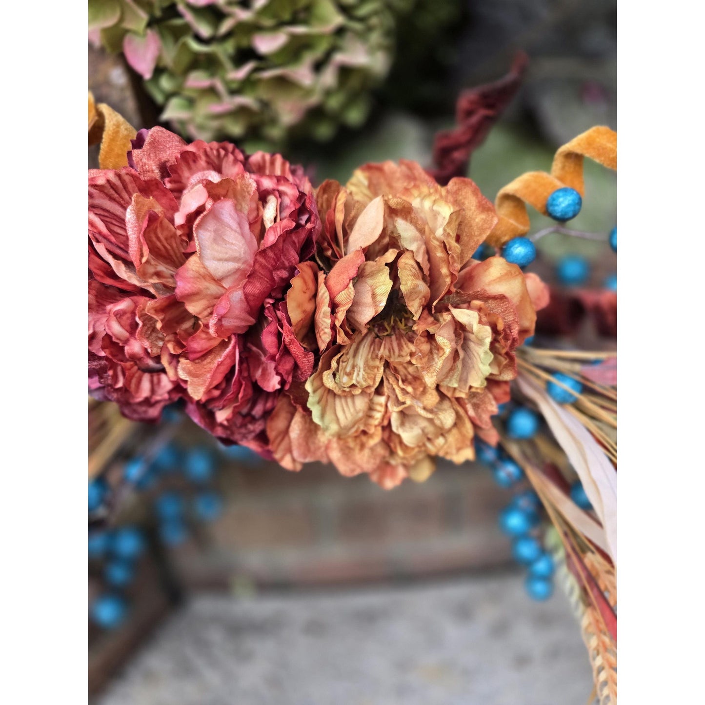 Orange Teal Autumn Fall Orange Harvest Front Door Wreath Luxury Rustic Wall Porch Hanger House Home Decor Decorations Thanksgiving Glam Boho