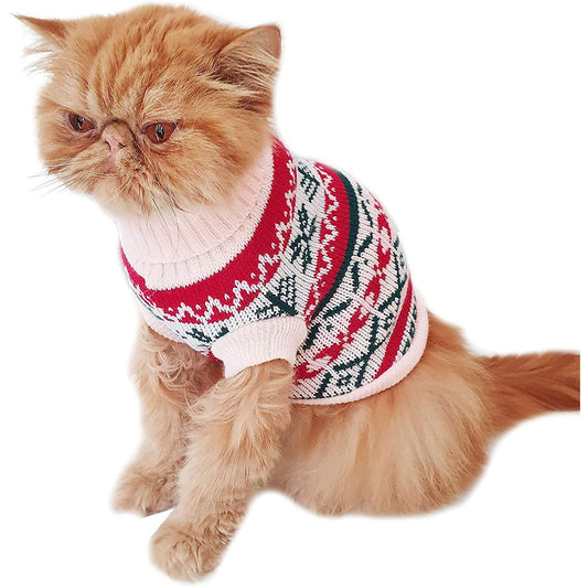 Cute Knitted SMALL DOGS ONLY Puppy Cat Kitten Warm Winter Girl Boy Cold Weather Clothes Jacket Gift Hoodies Sweatshirt Christmas Pullover Gift Jumper Sweater Nordic Fair Isle Snowflake Pink Green Red