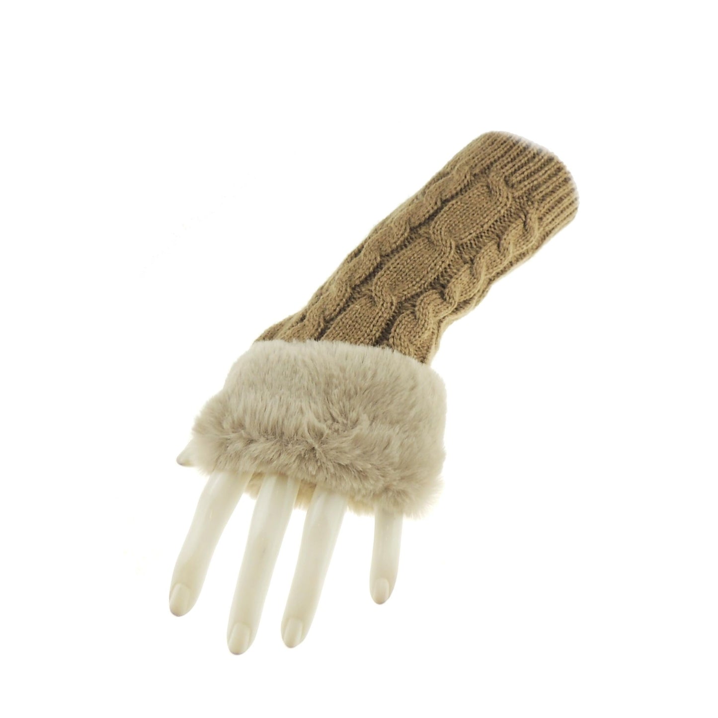 Glamour Girlz Womens Girls Faux Fur Cable Knitted Knit Thermal Fleece Warm Winter Outdoor Hiking Cold Weather Driving Cycling Christmas Birthday Hand Warmers Fingerless Half Gloves Mitts Mittens