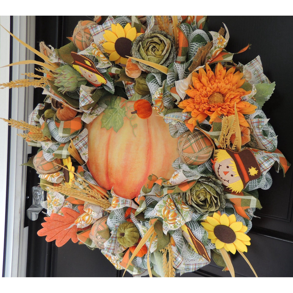 24" Large Autumn Pumpkin Wreath, Fall Harvest Front Door Wreath, Scarecrow Sunflower Thanksgiving Porch Decor, Farmhouse Autumn Decoration