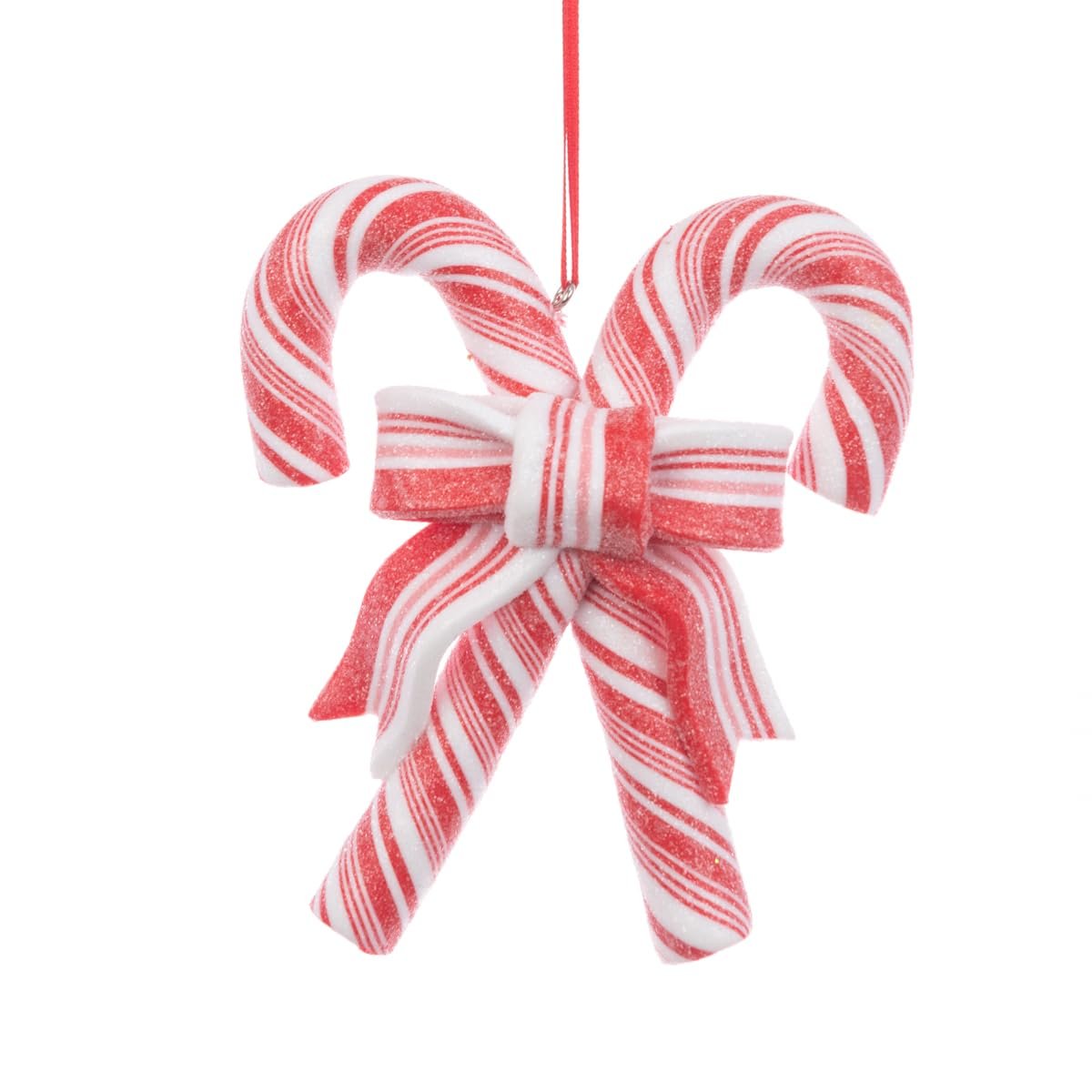 Candy Cane Christmas Tree Ornament - Red & White Spiral Striped Hanging Decoration Bauble Xmas Decor Gift Topper Peppermint Theme Glitter Bow