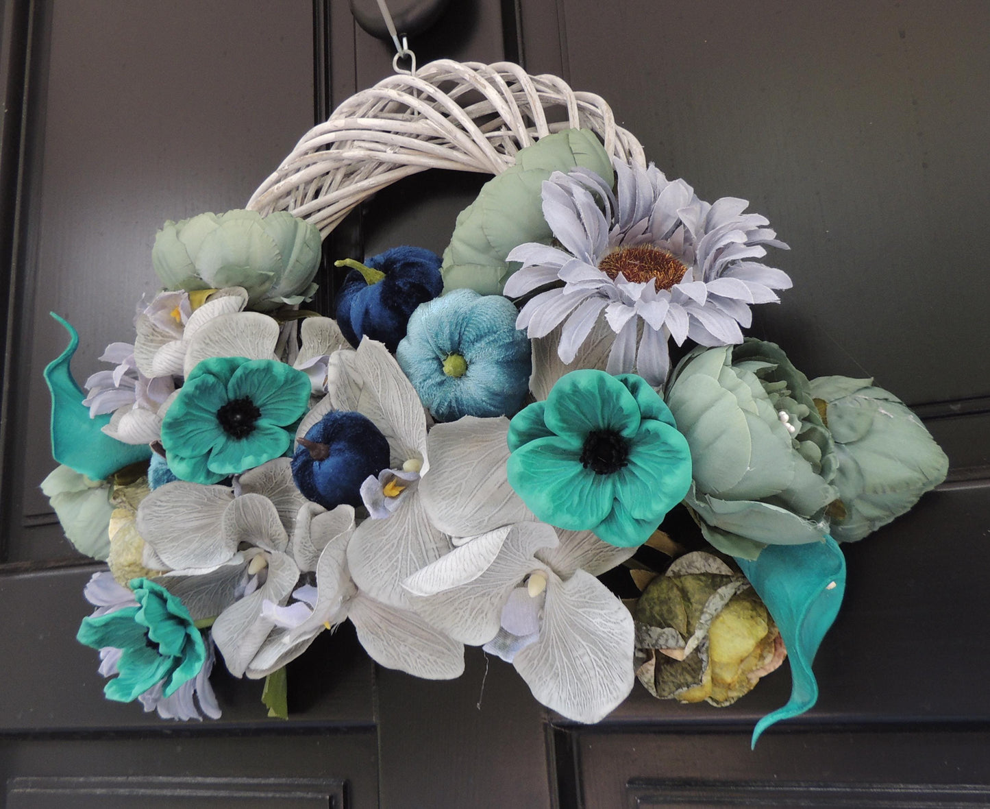 Blue Pumpkin Wreath, Beach House Front Door Wreath, Teal Floral Wreath, Turquoise Wreath, Modern Summer Wreath, Luxury Door Decor,Lake House