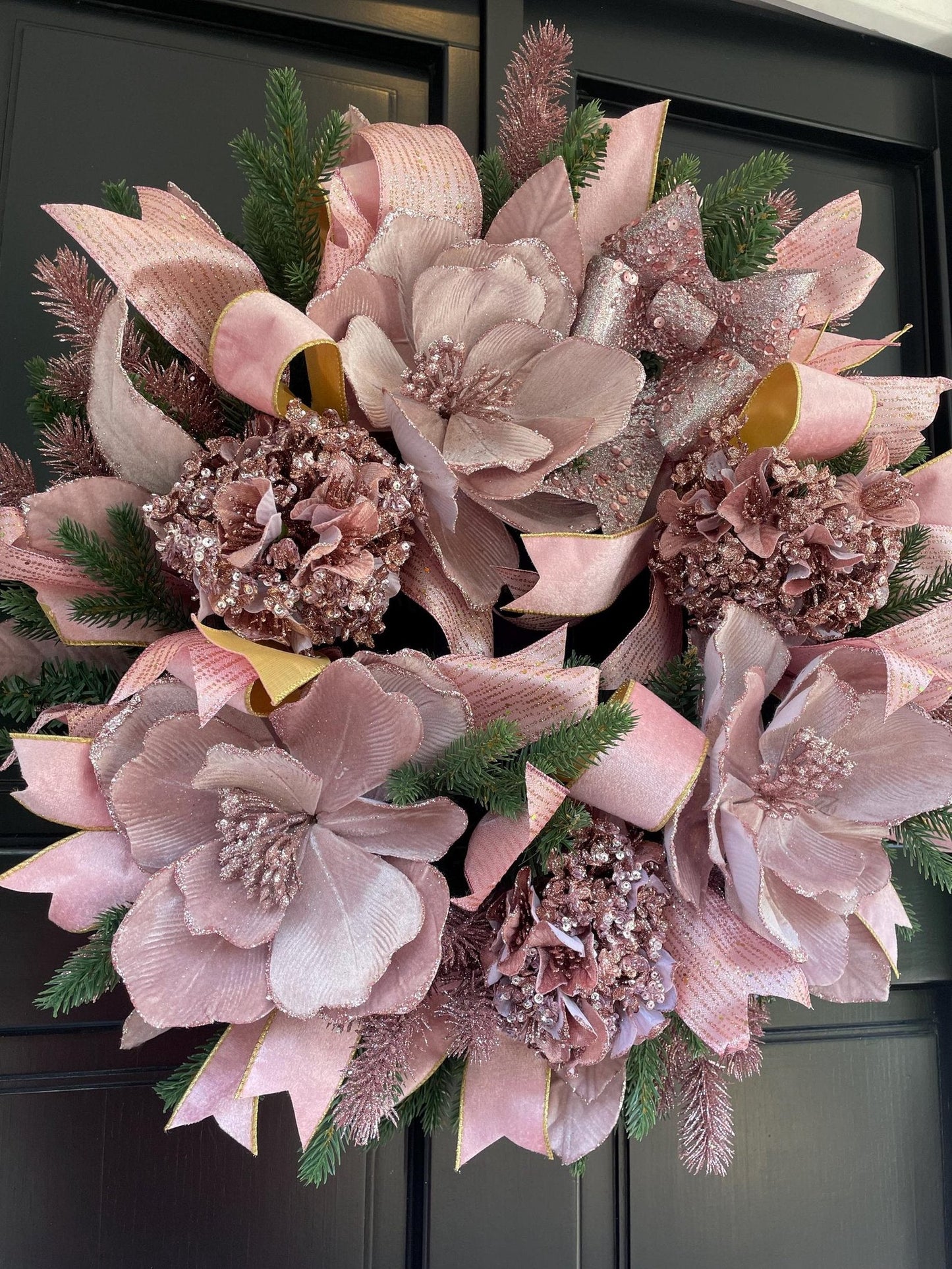 Luxury Blush Pink Christmas Wreath | Elegant Velvet Magnolia Front Door Wreath | 60cm (24")