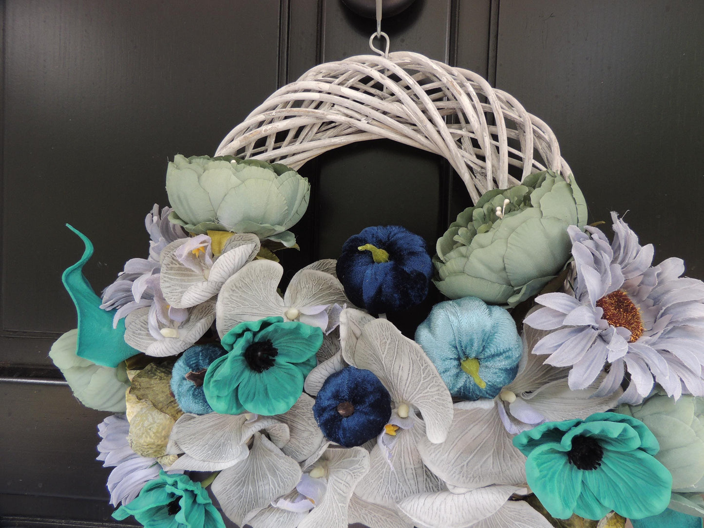 Blue Pumpkin Wreath, Beach House Front Door Wreath, Teal Floral Wreath, Turquoise Wreath, Modern Summer Wreath, Luxury Door Decor,Lake House