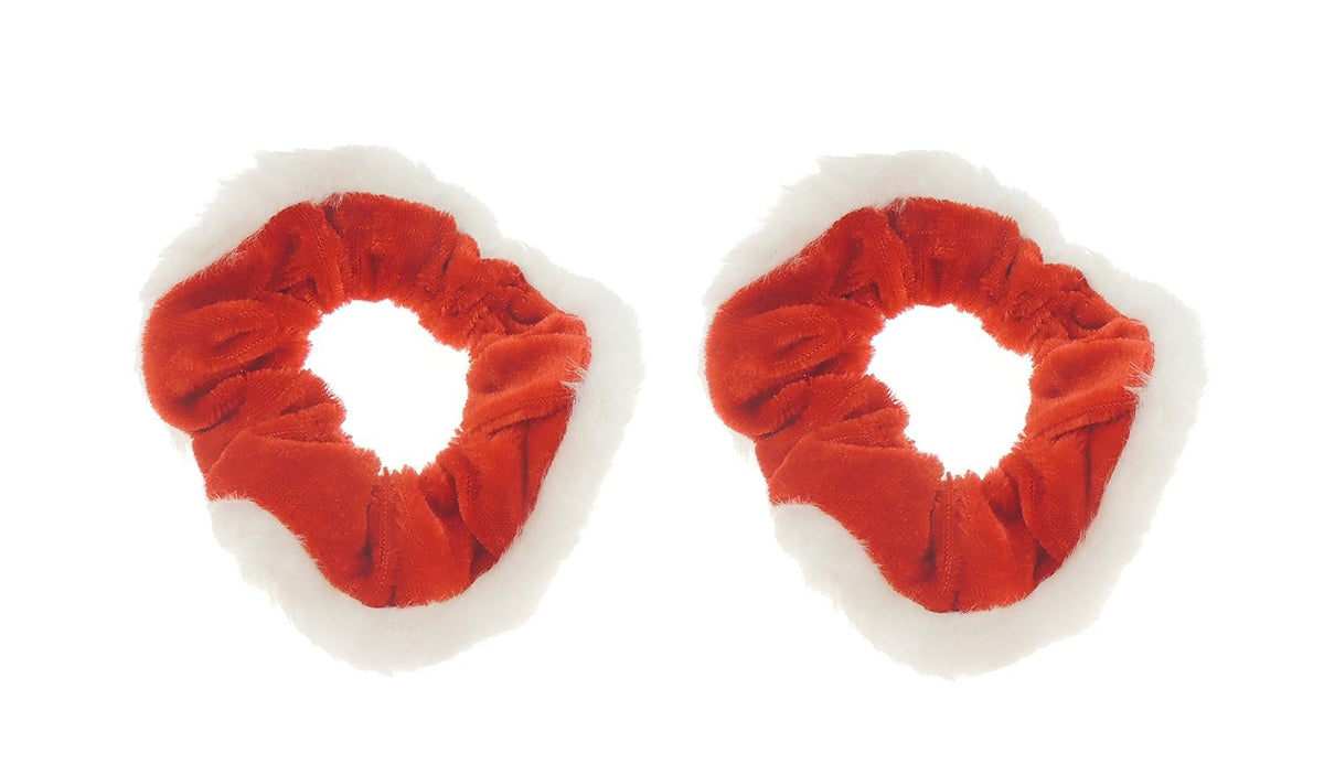 Set of 2 Womens Girls Velvet Plush Santa Mrs Claus Fabric Evening Christmas Party Bag Ponio Hair Tie Up Back Elastic Accessories Bobbles Ponytail Holder Rubber Bands Scrunchie