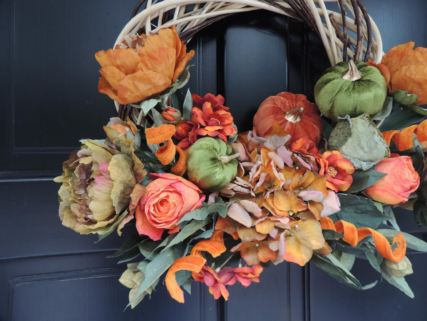 Orange Autumn Pumpkin Door Wreath, Green Fall Swag, Luxury Autumn Front Door Decor,Thanksgiving Wreath, Glam Fall Door Hanger,Harvest Wreath