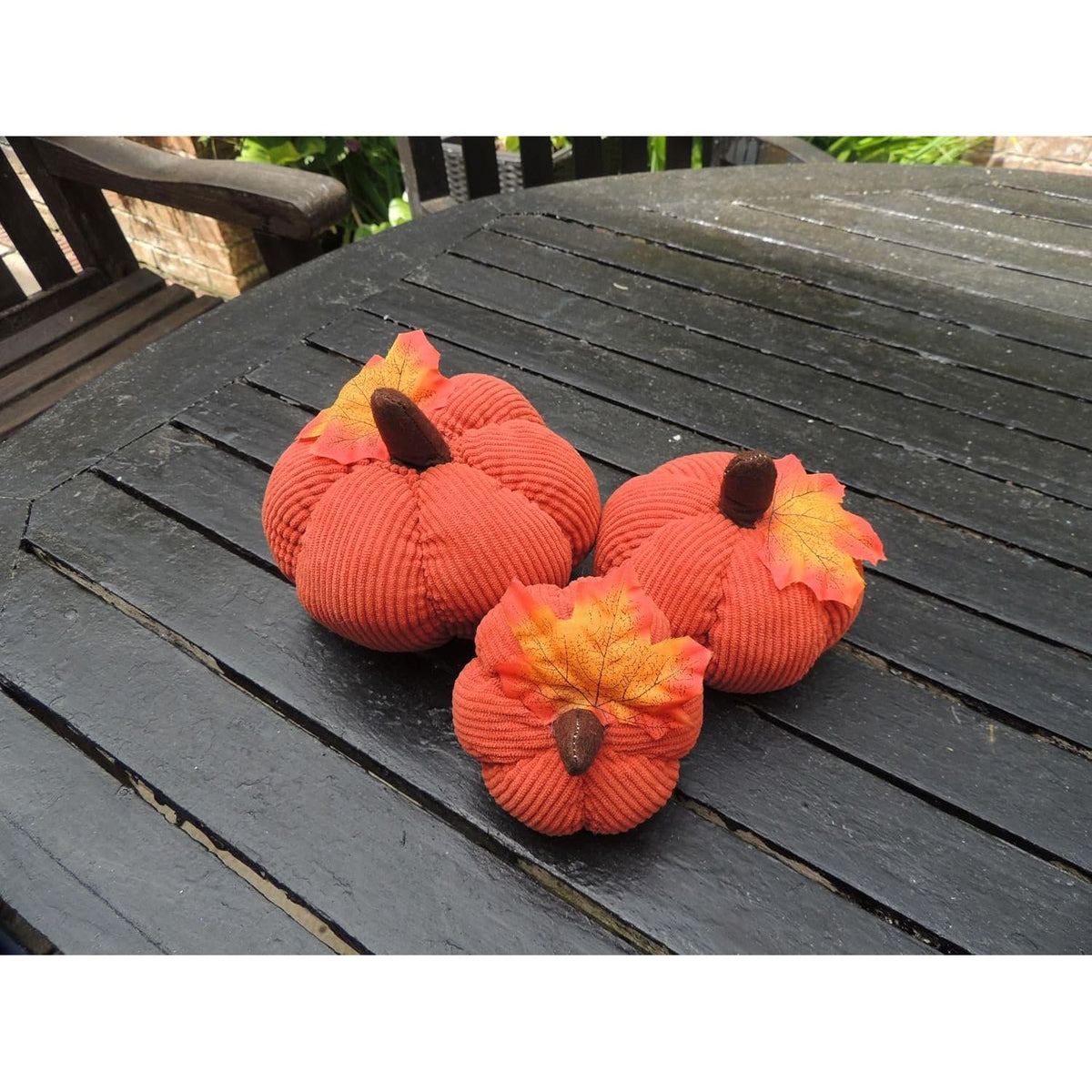 Set of 3 Burnt Orange Corduroy Pumpkins with Autumn Leaves